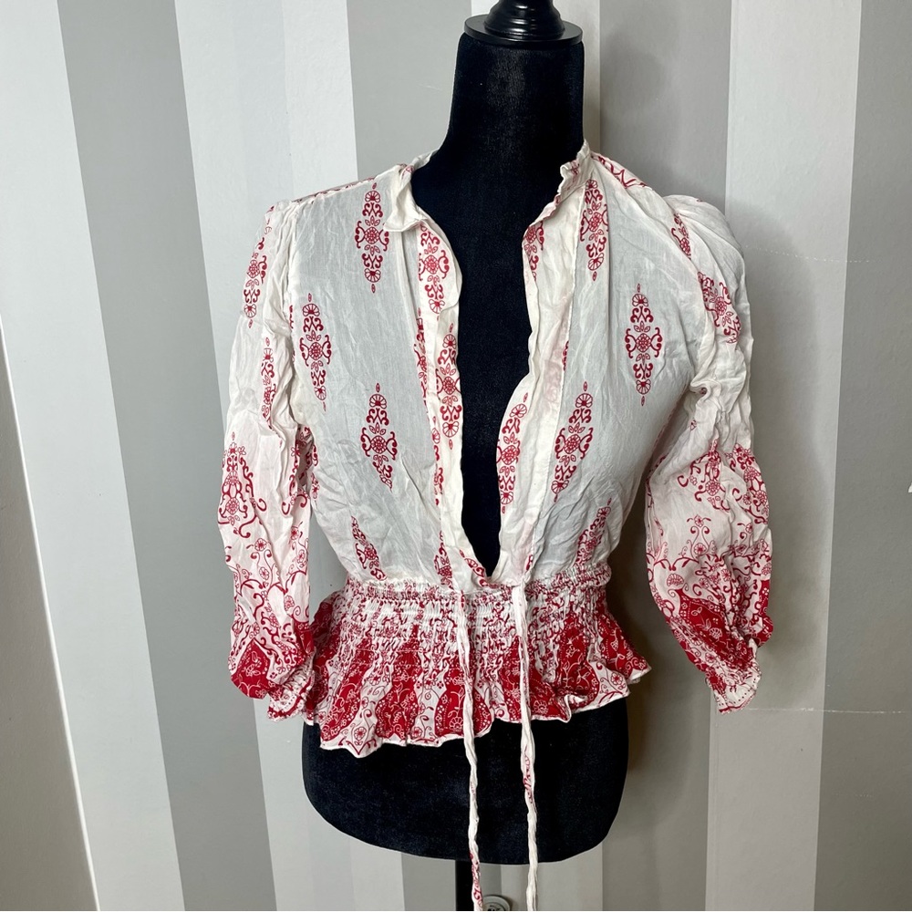 Women's Paisley Tie Front Smocked Waist Collared Multicolor Peasant Blouse